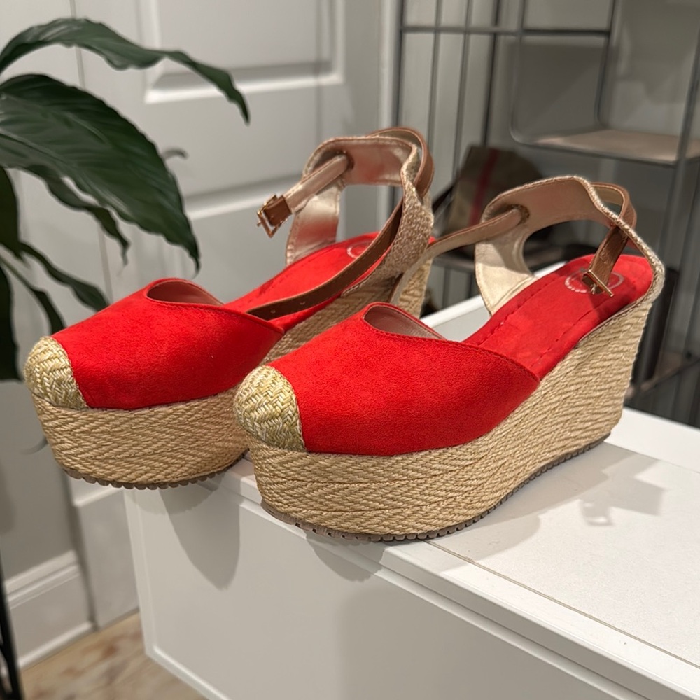 Red Wedge Espadrille Sandals NWOB